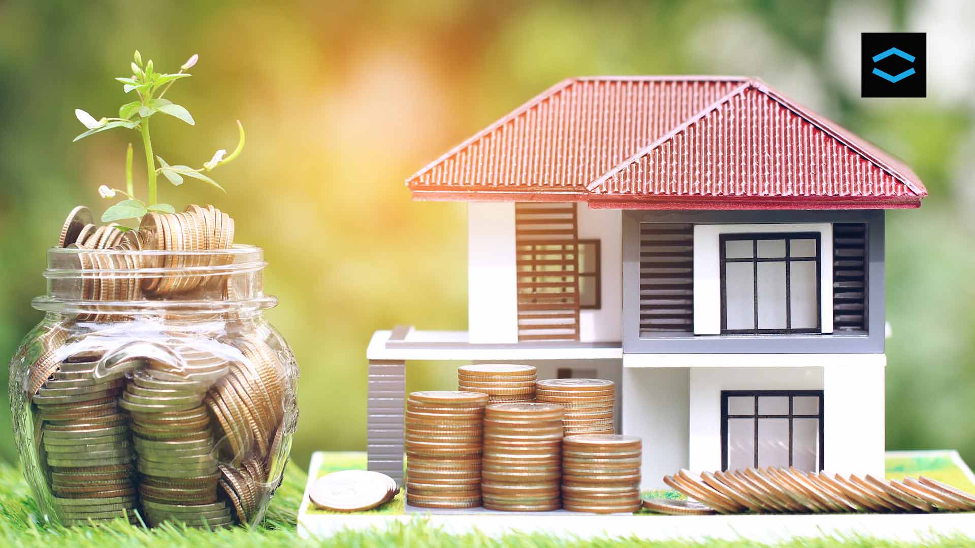 pile of coins laid out next to a 3D house model to represent the deposit you to buy a house