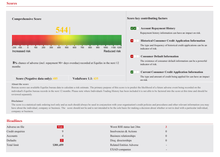 Credit Report with a low credit score due to adverse listings