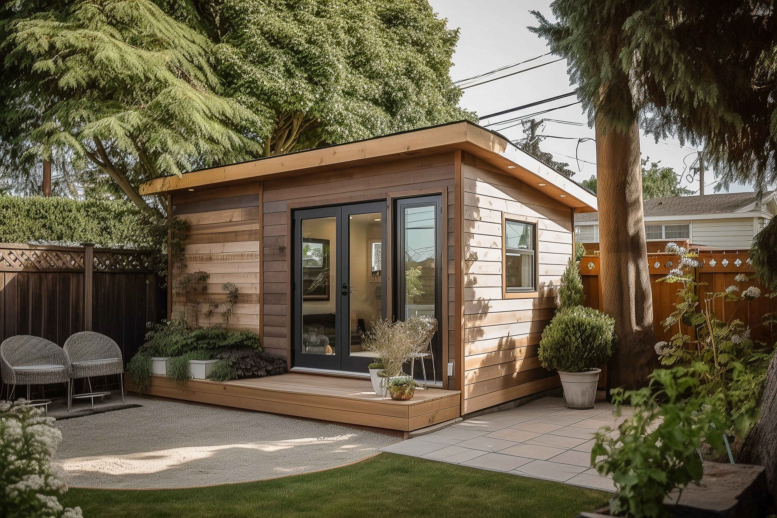 An isolated wooden small house in a backyard