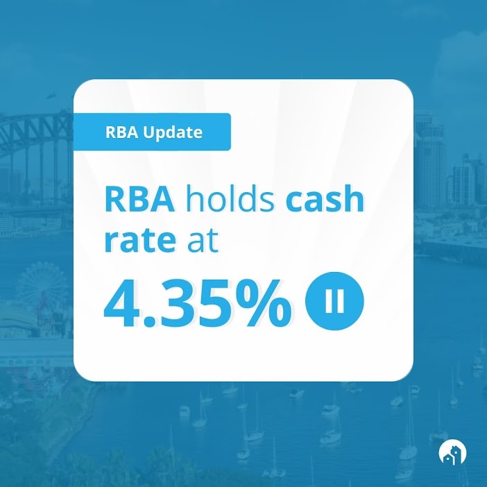 Blue background with text that shows RBA held cash rate at 4.35% for February 2024
