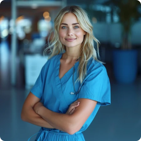 Young nurse in blue scrubs standing with arms crossed, smiling confidently in a hospital hallway.