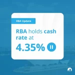 Blue background with text that shows RBA held cash rate at 4.35% for 2024