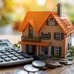 A miniature house and a calculator on top of a pile of coins
