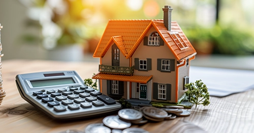 A miniature house and a calculator on top of a pile of coins