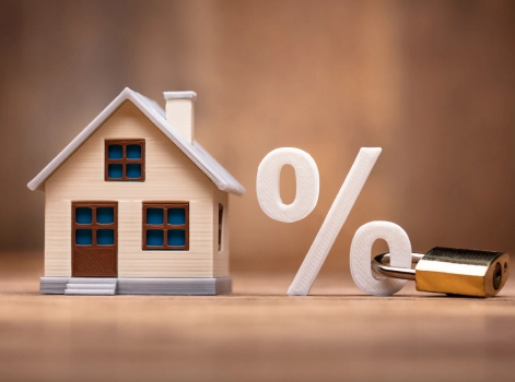 Model of a house with a percentage sign and padlock, representing interest rates and financial stability in real estate.