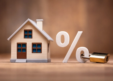 Model of a house with a percentage sign and padlock, representing interest rates and financial stability in real estate.