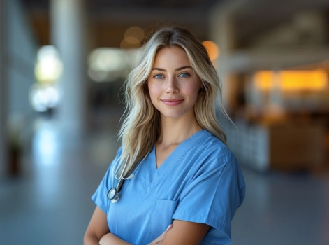 A doctor wearing a white coat and stethoscope smiles while seated in a modern, well-lit room with framed art and plants in the background.