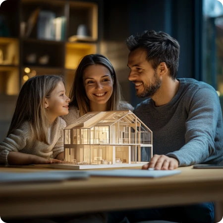 A smiling family of three admires a detailed house model, symbolizing planning and dreams tied to a construction home loan.