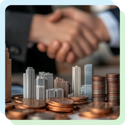 a miniature commercial buildings along with a stack of coins