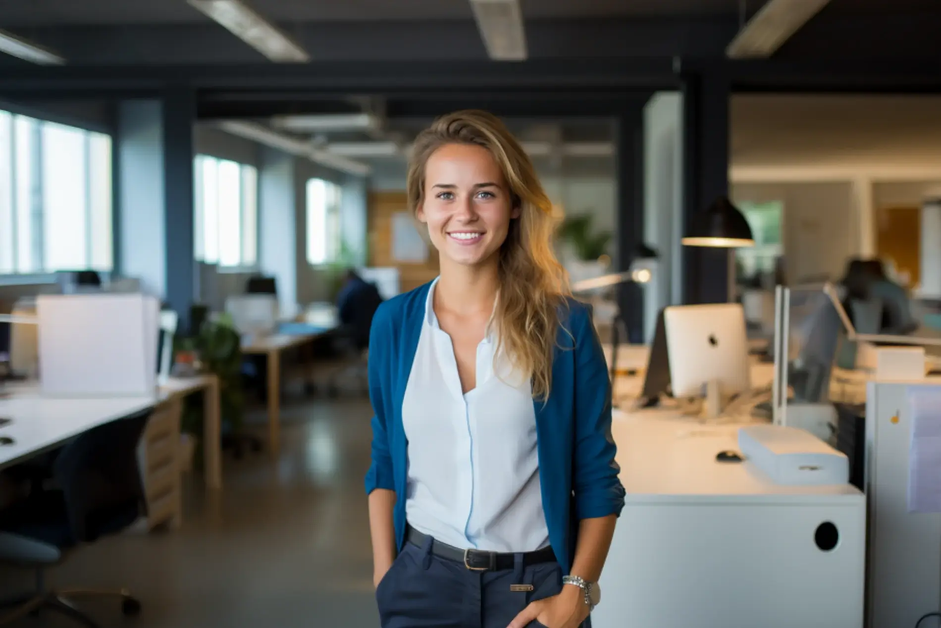 a woman smiling brightly in an office