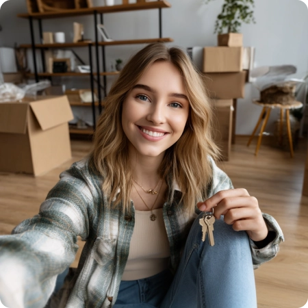 A girl in a plaid shirt sits in a room filled with cardboard boxes, holding keys and looking at the camera with a relaxed expression.