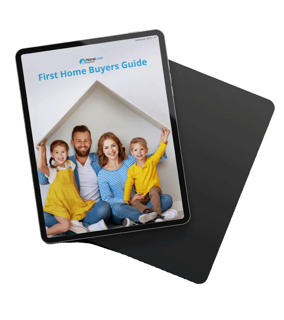 First Home Buyers Guide displayed on a tilted tablet with a family under a house-shaped roof image