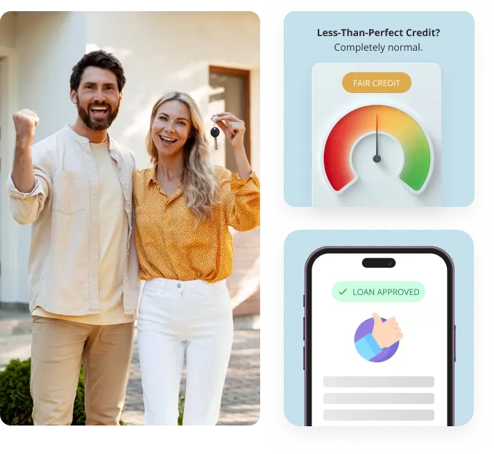 Smiling couple carrying large carton boxes and a potted plant into a new home.